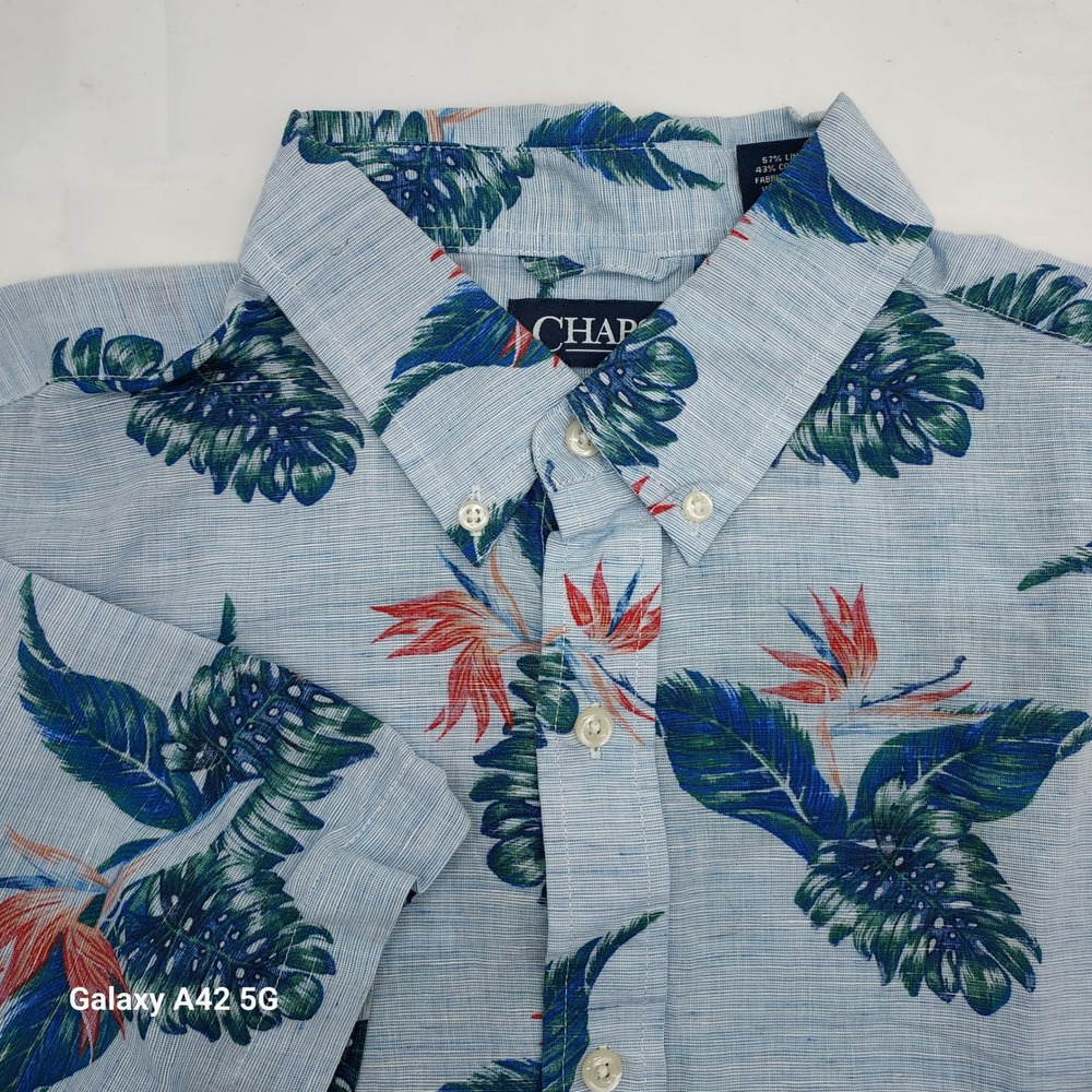 Chaps Mens Blue Tropical Bird of Paradise Linen Cotton Button Down Shirt Large